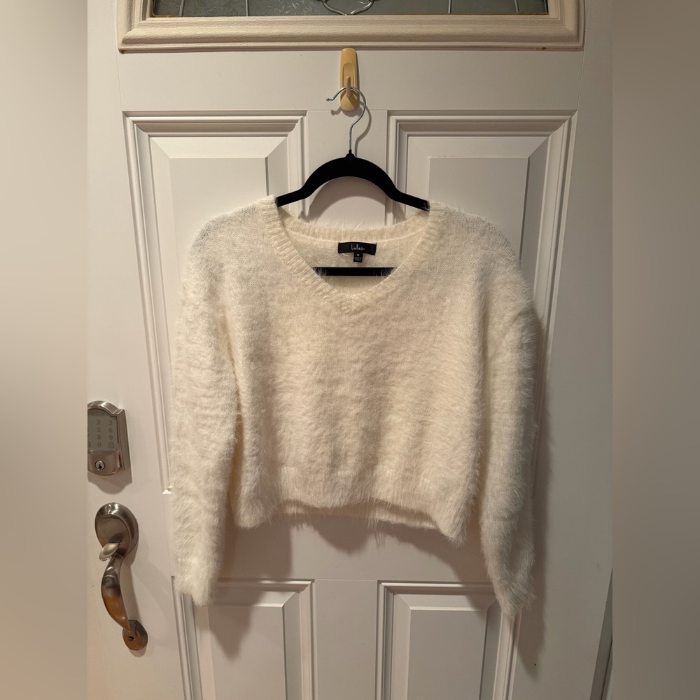 Lulu's White Eyelash V-Neck Cropped Sweater